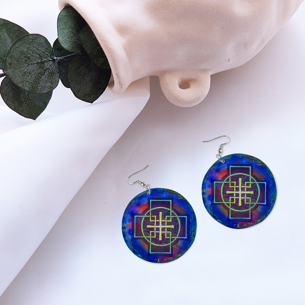 Blue Swedenborg Cross Round Wooden Earrings