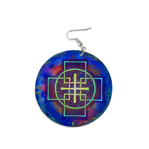 Blue Swedenborg Cross Round Wooden Earrings