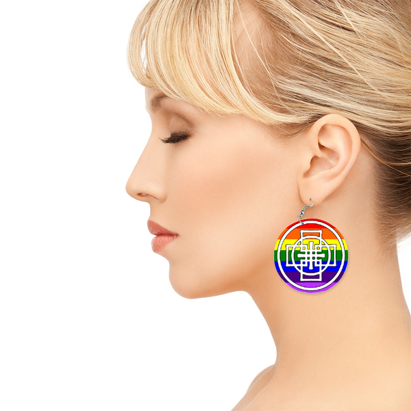 Rainbow Swedenborg Cross Round Wooden Earrings